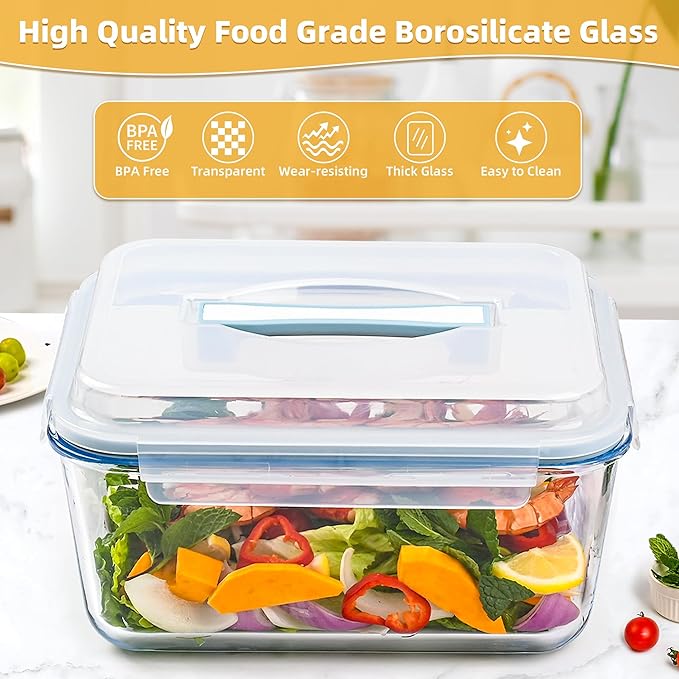190oz / 24Cup Extra Large Glass Storage Containers with Lids, Glass Bread Box Airtight Bread Container, Ideal Food Storage Containers, Roasting Turkey/Chicken/Cookie, Oven&Dishwasher Safe