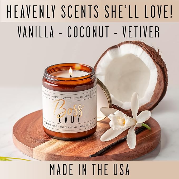 Boss Lady Gifts for Women - Soy Candle, w/Vanilla, White Coconut & Vetiver I Best Boss Gifts for Women/Girl/Female I Bosses Day Gift I 9oz Jar, 50Hr Burn Time, Made in USA