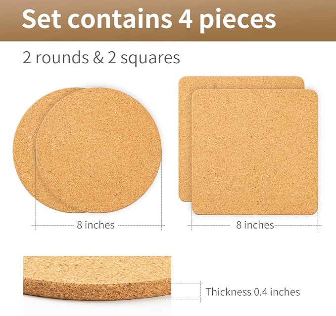 Cork Trivets for Hot Dishes, Pots and Pans, Pot Holders for Kitchen, 8 Inches 4 Pack Hot Pads, Thick Heat Resistant Mats Protect Countertop, Coaster Trivet Home Essentials, Rustic Farmhouse Decor