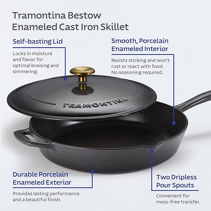 Tramontina Bestow Enameled Cast Iron Skillet with Lid, 12-inch Frying Pan, Smoke with Gold Knob