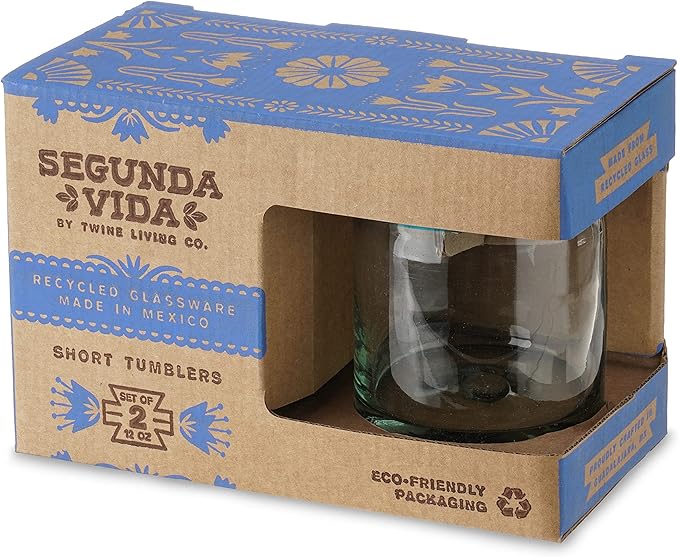 Segunda Vida Primavera Hand Blown Short Tumblers, Recycled Drinking Glasses with Blue Rim for Margarita, Tequila, Cocktails, Iced Drinks, Birthday Gifts for Women, Mexican Glassware, 12 oz, Set of 2