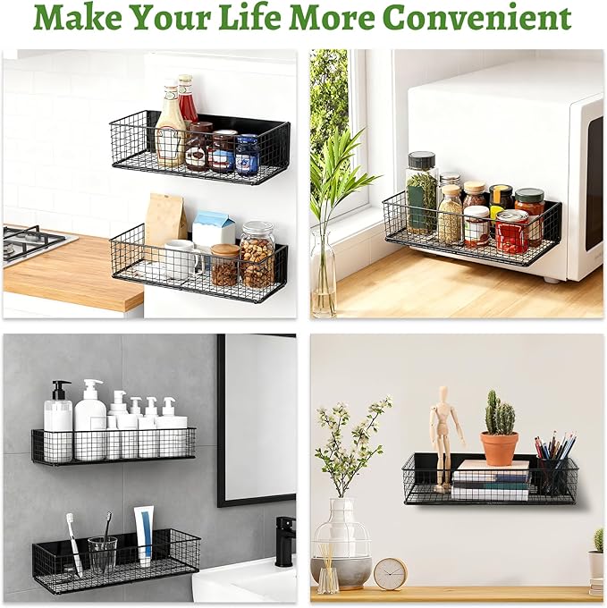 2 Pack Magnetic Basket for Fridge, Magnetic Spice Rack for Side of Refrigerator, Magnet Wire Bin Basket Fridge Shelf Organizer Kitchen Classroom Whiteboard Pantry Office Laundry Storage, Black