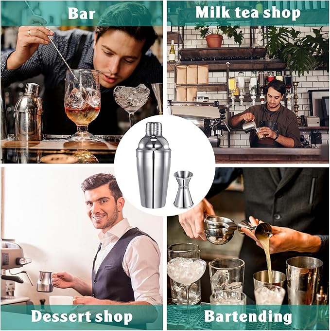 4 Packs Cocktail Shaker Set Martini Shaker Bulk Stainless Steel Martini Mixer with Strainer and Double Measuring Jigger for Bar Party Home Use Wine Bar Mixing Tool(18 oz/ 550 ml)