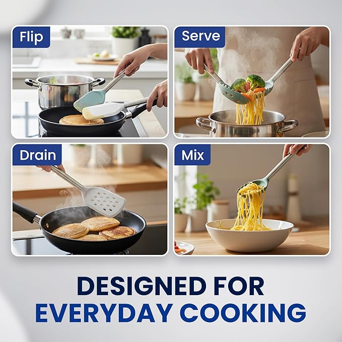 5-Piece Silicone Kitchen Utensil Set – Heat-Resistant, BPA-Free Cooking Tools with Stainless Steel Handles – Nonstick Safe Turner, Spoons, Pasta Server & Spatula – Dishwasher Safe