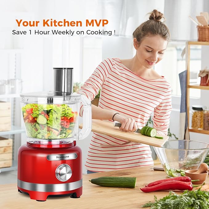 Homtone 16 Cup Food Processor, 9 Functions 7 Blades 3 Speeds for Shredding, Slicing, Doughing, Emulsfying and Meat Vegetable Chopping for Home Use, 600W (Red)