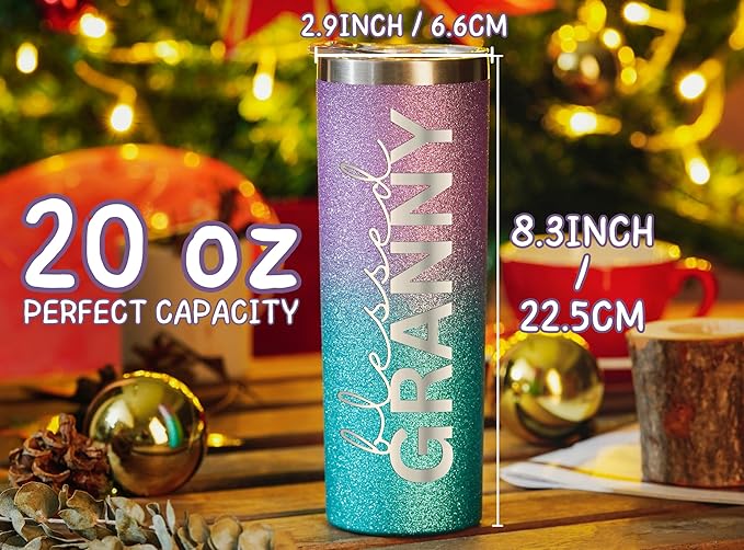 Onebttl Christian Grandma Gifts for Mother's Day, 20oz Purple & Blue Glitter Skinny Tumbler, Straw & Lid Included, Granny Gifts - Blessed Granny