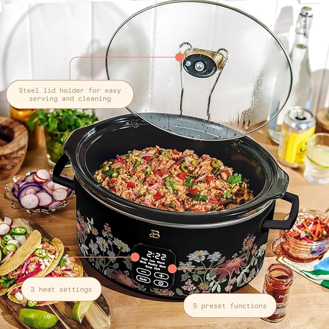 Beautiful 6 Qt Programmable Slow Cooker by Drew Barrymore - 5 Preset Cooking Functions, Digital Countdown Timer, Dishwasher-Safe Parts, and Cool-Touch Handles (Wildflower Black Sesame)