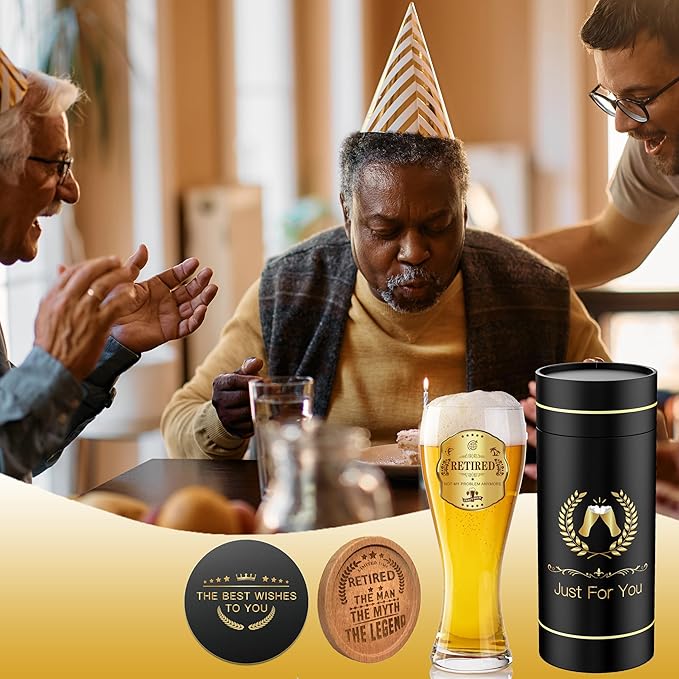 Retirement Beer Glasses Gifts, Personalized Glass Ware Set for Men, Black Gift Package with Drinking Glass, Coaster, and Farewell Card for Retired Man