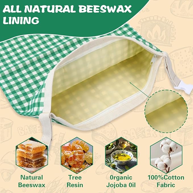 Augshy 2 PCS Beeswax Bread Bags, Beeswax Bag with Zipper Green Plaid Stripes Reusable Cotton Material Large Capacity Food Storage Bags for Sourdough Homemade Bread Boxes