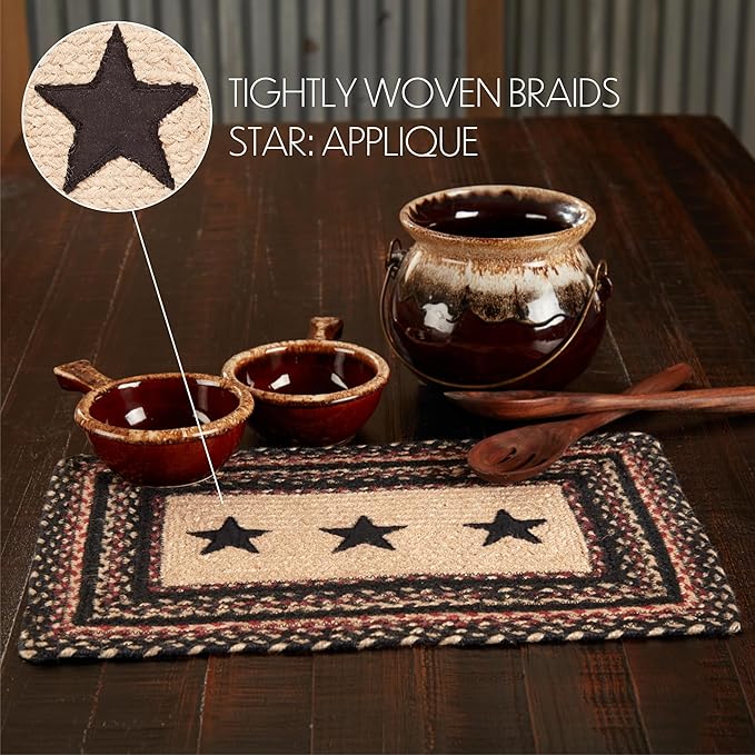 VHC Brands Primitive Colonial Star Table Placemat, Tan Black Red, Jute Blend, Rectangle, 12x18 Inches