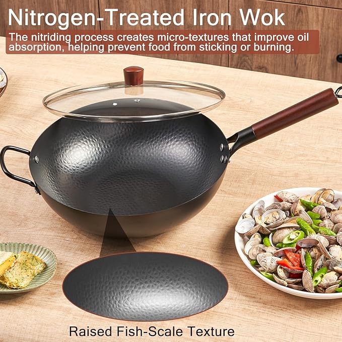 Wrought Iron Flat Bottom Wok with Glass Lid – Detachable Wooden Handle, Non-Coated Naturally Nonstick Frying Pan for Gas, Electric & Induction Stoves (Black Wok with Helper Handle, 13.4 inch)