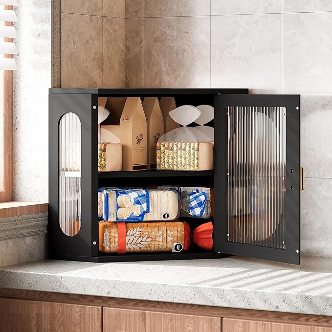 Corner Bread Box, Solid Wood Double Layer Adjustable Large Capacity, Farmhouse Vintage Kitchen Countertop Organizer with Acrylic Window, Black