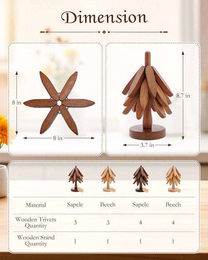 Wooden Tree Trivets for Hot Dishes, 3 Wooden Trivet + 1 Stand Natural Wooden Coaster for Hot Dishes, Pot, Bowl, Teapot, Hot Pot Holders, 3 Foldable Christmas Tree-Shaped Trivets