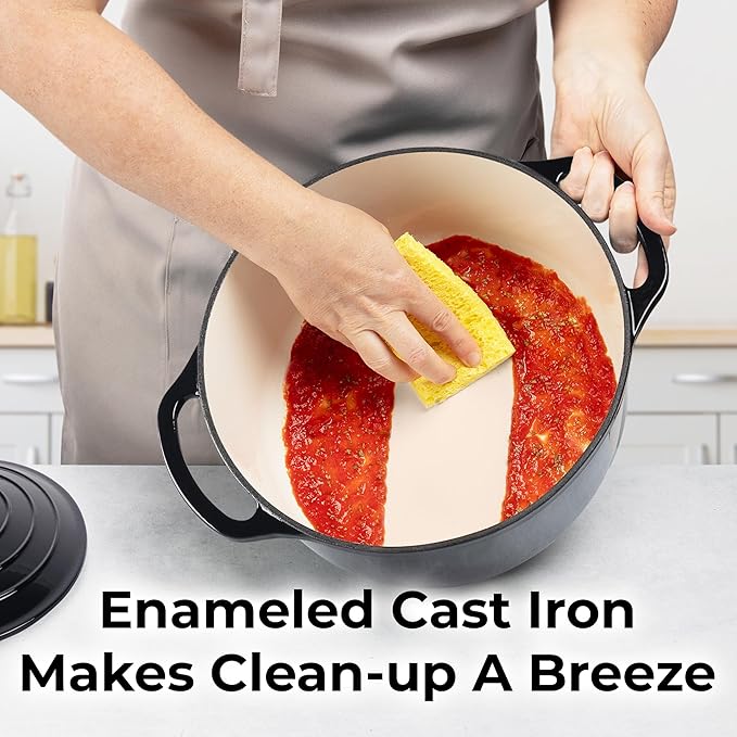 Zulay Kitchen 7.7 Quart Enameled Cast Iron Dutch Oven Pot with Lid – Premium Durability & Oven Safe up to 500°F – Heavy Duty Cookware Perfect for Bread Baking, Stews, Braising & Roasting – Black