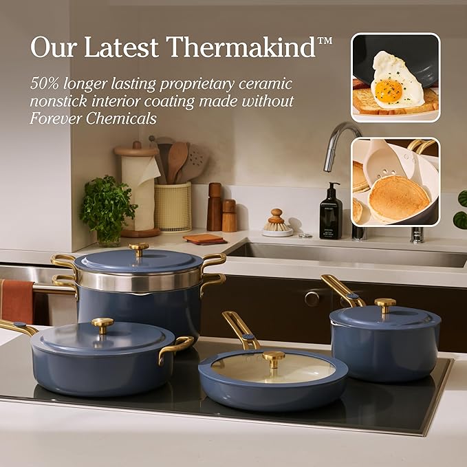 Our Place 11-Piece Essentials Complete Cookware Set - Ceramic Fry Pan, Saucepan, Sauté Pan, Stock Pot, Strainer Basket & Rack Storage | Thermakind™ Nonstick, Oven Safe up to 450°F | Blue Salt