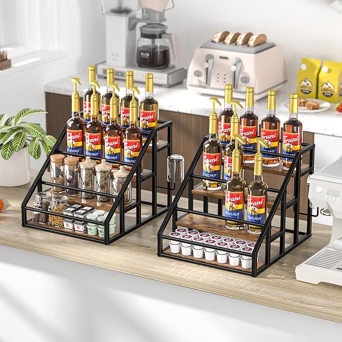 Coffee Syrup Rack Organizer, Spice Racks, Syrup Bottle Holder Stand for Coffee Bar, 4-Tier 16 Bottles Storage Shelves for Syrup, Wine, Dressing for Kitchen Countertop, Rustic Brown & Black
