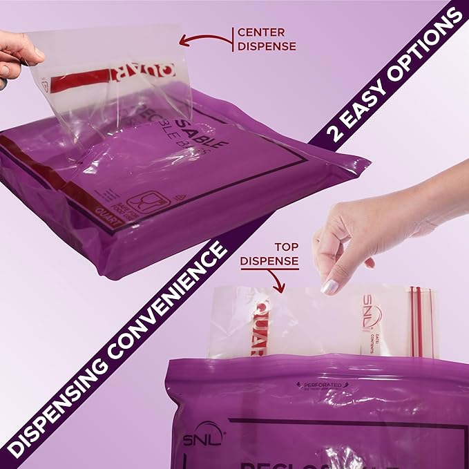 Gallon Food Bags by SNL -100 Pack- Leak-Proof, Clear, Write-On Block, Reclosable, Disposable Storage Bags, Double Seal Zippers with Clicking Noise Zip Confirmation, Stand-Alone Gusset, Easy Dispensing