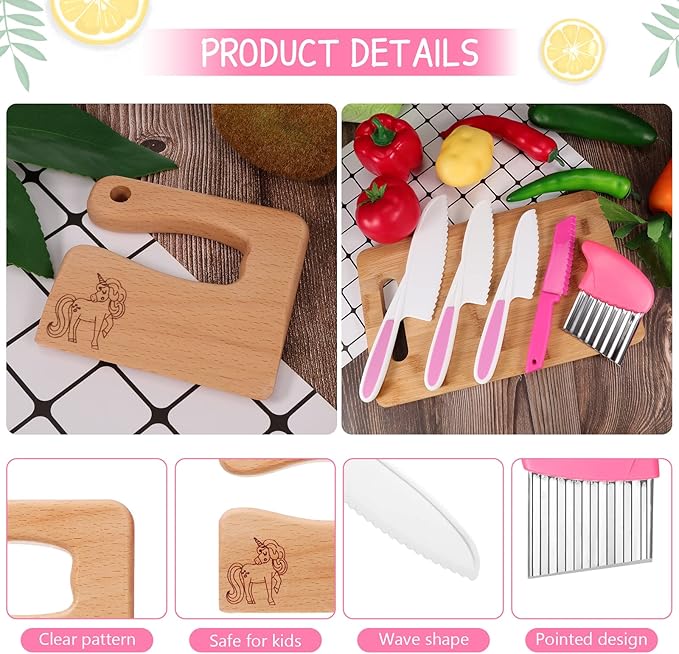 7 Pieces Wooden Kids Kitchen Knife Include Wood Kids Knife Plastic Potato Slicers Cooking Knives Serrated Edges Toddler Plastic Resistant Gloves for Kitchen Children
