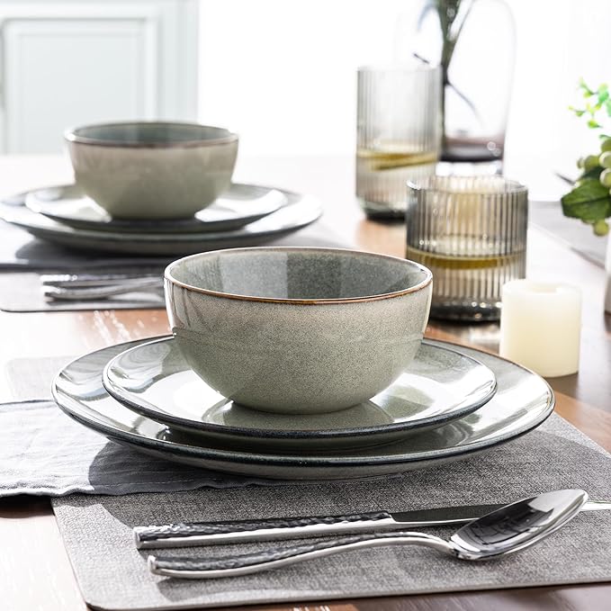 AmorArc Ceramic Dinnerware Sets for 4, 12 Pieces Handpainted Stoneware Plates and Bowls Set, Scratch Resistant Dishes Set, Dishwasher & Microwave Safe, Reactive Color