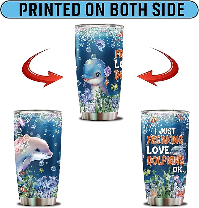 Dolphin Tumbler 20oz Cute Animal Gift for Women, Girls Who Freaking Love Dolphins Lovers Perfect Birthday Christmas Valentine Wife Daughter Mother Insulated Stainless Steel Coffee Cup with Lid
