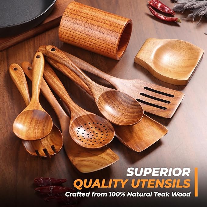 AIUHI Natural Solid Teak Wooden Cooking Utensils for Nonstick Cookware, Wooden Kitchen Utensils Set Includes Spoons, Spatulas, Strainer Spoon, Salad Fork with Holder and Spoon Rest (9PCS)