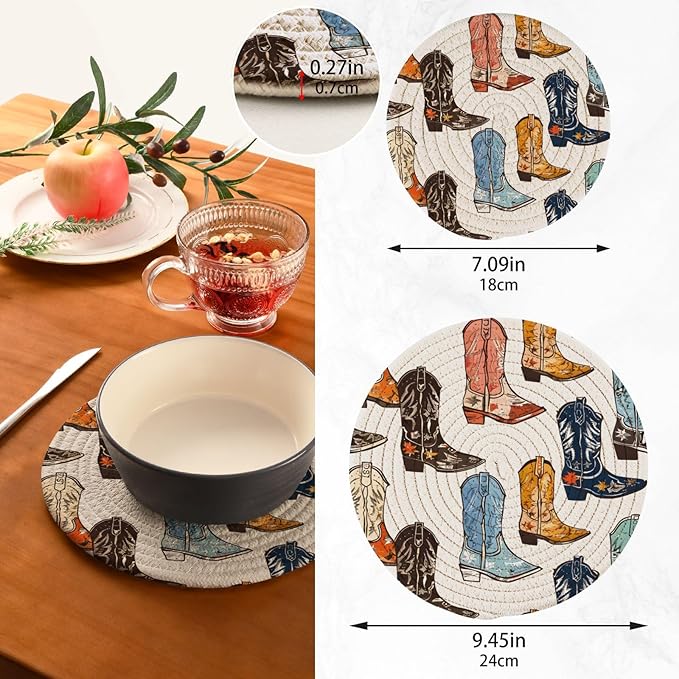 Cowboy Boots Kitchen Trivets Pot Holders Set of 2, Trivets for Hot Pots Dishes Woven Trivet Coaster Pad Mat for Counter