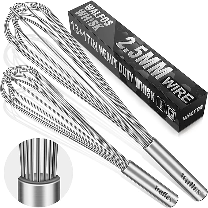 Walfos Whisks Large Whisk Set of 2, Heavy Duty Stainless Steel Wire Whisk Ideal For Beating Eggs, Mixing Batter & Blending Sauces.（13in+17in)