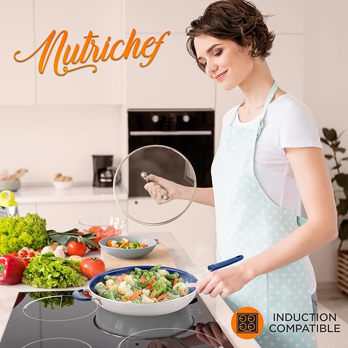 NutriChef 14" Fry Pan With Lid - Extra Large Skillet Nonstick Frying Pan with Silicone Handle, Ceramic Coating, Blue Silicone Handle, Stain-Resistant And Easy To Clean, Professional Home Cookware