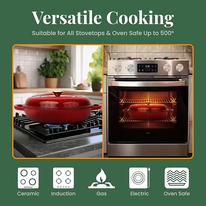 Larder & Vine Enameled Cast Iron Braiser | 3.6 qt Braiser Pan with Lid | Shallow Dutch Oven Compatible on All Cooktops | Casserole Dish Oven Safe to 500° F | Dual Handles | Cabernet