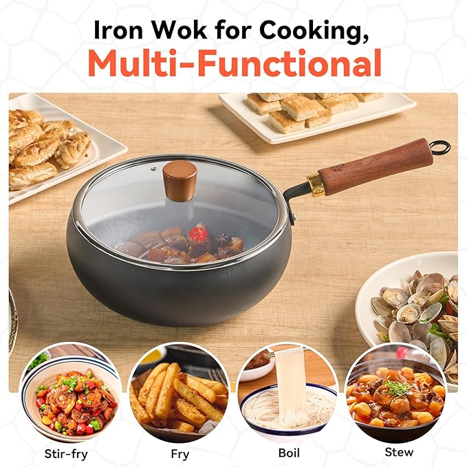 WANGYUANJI Wrought Iron Flat Bottom Wok with Glass Lid – Detachable Wooden Handle, Non-Coated Naturally Nonstick Frying Pan for Gas, Electric & Induction Stoves (Black Deep-Bowl Wok, 9.5 inch)