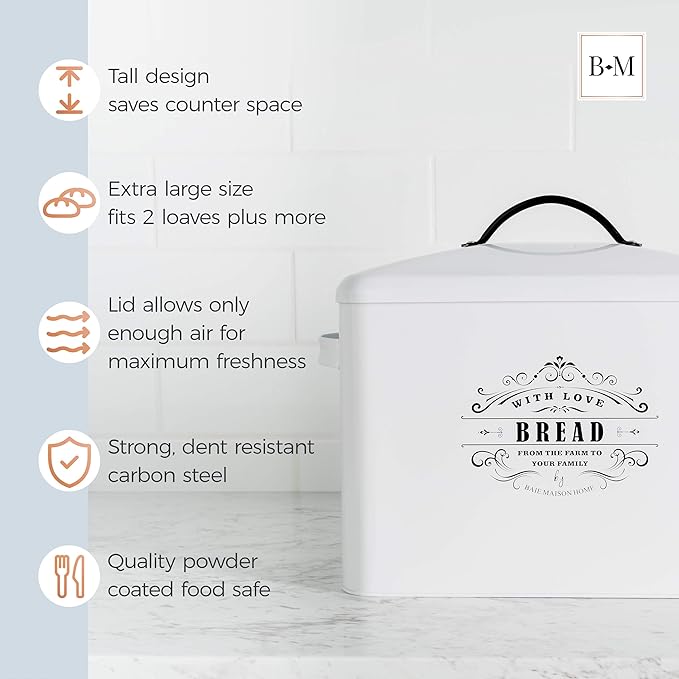 Extra Large White Farmhouse Bread Box for Kitchen Countertop - Holds 2+ Loaves for All Your Bread Storage - Bread Container Counter Organizer to Suit Farmhouse Kitchen Decor, Vintage Kitchen, Rustic