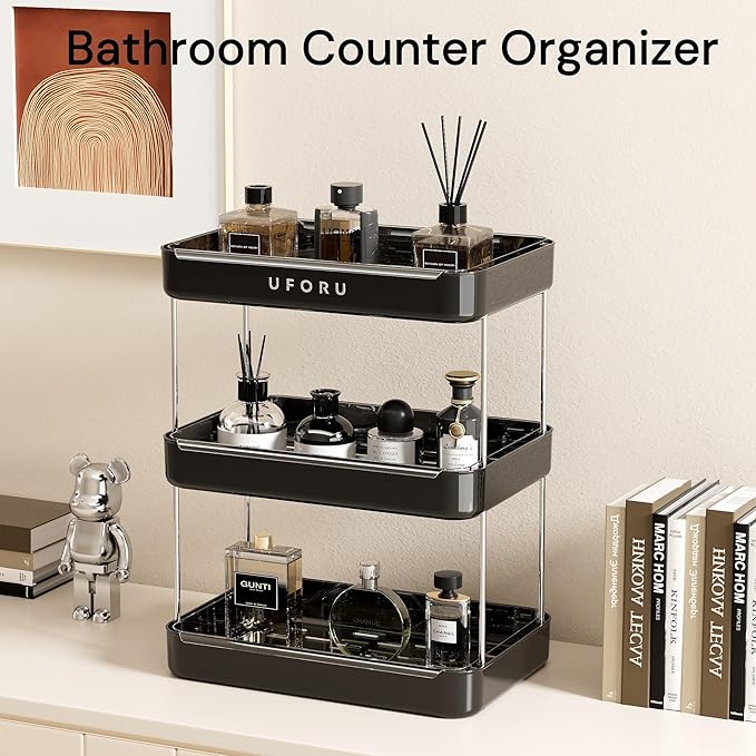 Countertop Coffee Station Organizer, 3 Tier Wine Glass Holder, Mug Shelf with Removable Drain Tray, Spice Rack for Kitchen, Bathroom Countertop Organizer, Black