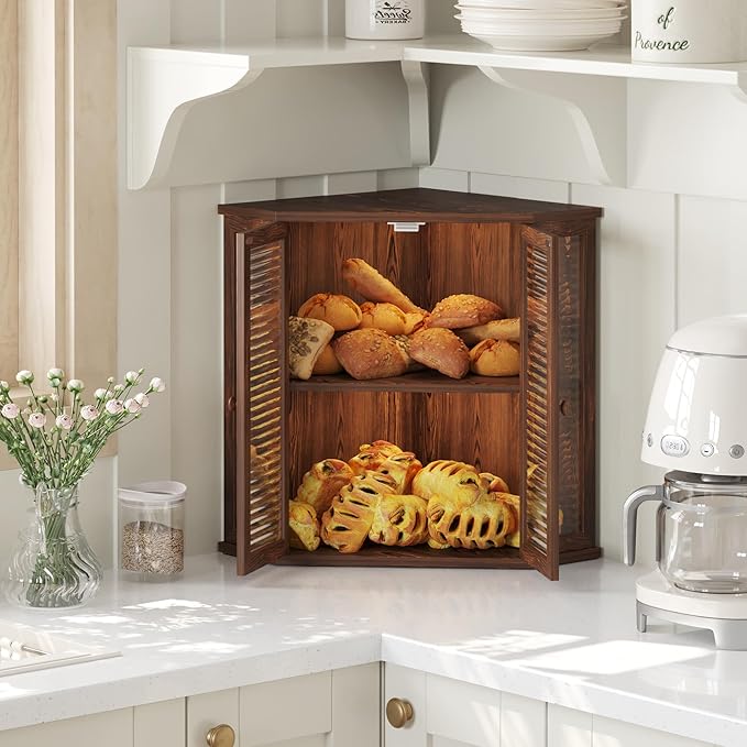 Corner bread box Bread Box for Kitchen Countertop - Corner Bread Storage Box 16.51" H, Premium Pine Wood with Glass Door, Perfect for Homemade Bread, Baguettes & Pastries (Pine wood)