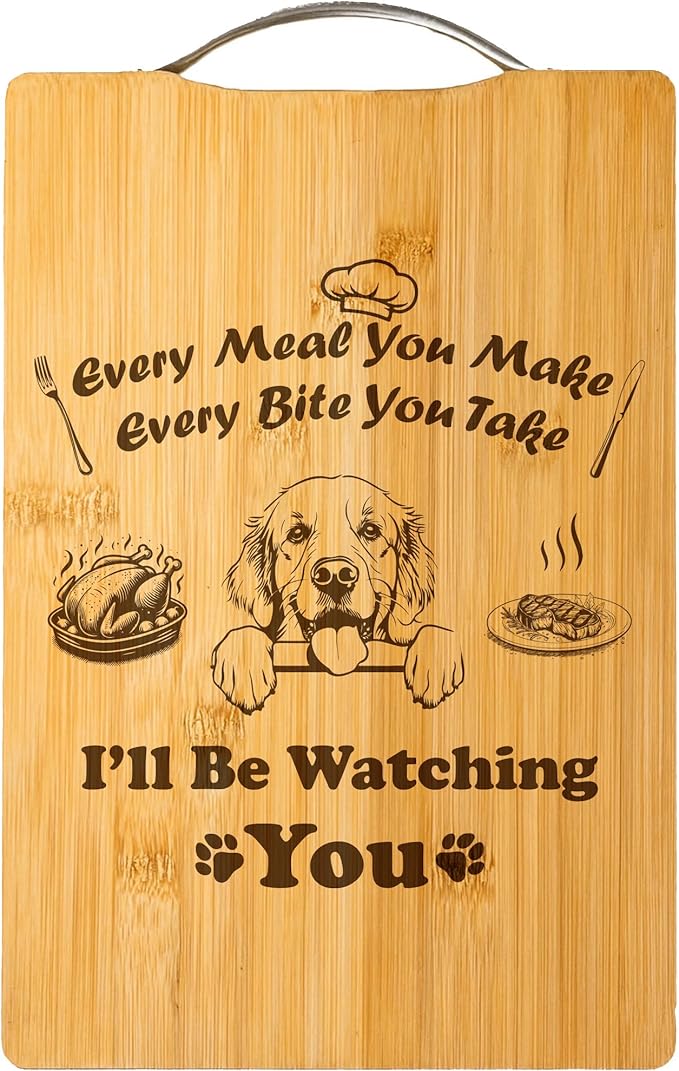 Custom Engraved Bamboo Cutting Board, Funny Holiday Gift for Dog Lovers, Handmade Kitchen Decor – I’ll Be Watching You (Golden Retriever)