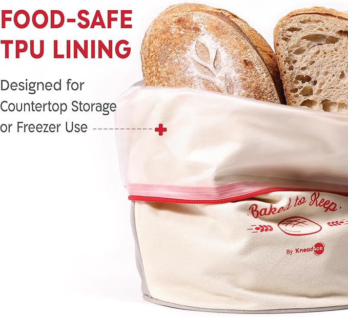 KNEADACE Reusable Bread Bags for Homemade Bread -Stylish Sourdough Bread Storage with Roll-Top Design, 100% Cotton & Food-Safe Lining, Freezer & Refrigerator Friendly, Gift for Bakers (Gray/Cream)