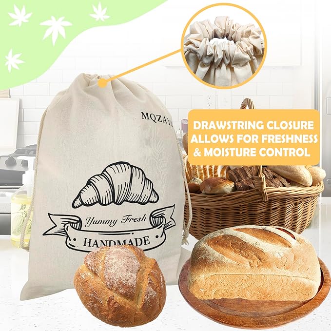Sourdough Linen Bread Bags for Homemade Reusable Bread Storage Container Bags Eco Plastic Lining 2 Pack Large (18x14 in)