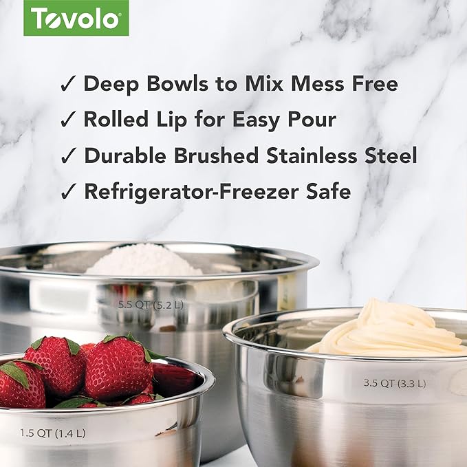 Tovolo Stainless Steel Mixing Bowls, 3.5 Qt - Metal Nesting Mixing Bowl with Rounded Lip for Easy Pour & Minimal Mess - Large & Small Dishwasher Safe Kitchen Supplies for Prep & Cooking