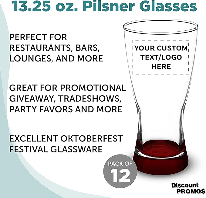 Custom Pilsner Glasses 13.25 oz. Set of 12, Personalized Bulk Pack - Made in the USA, Perfect for Hotels, Restaurants, Bars and Even Party Favors - Red