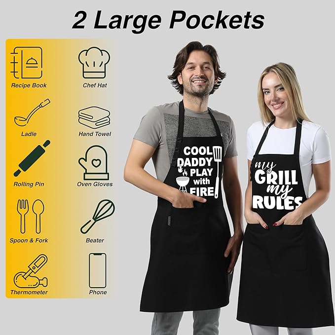 TOSHE Funny Apron Waterdrop Resistant Cotton Apron with adjustable Aprons for Women with Pockets 12 Color option Cooking (Black - My Grill My Rules)