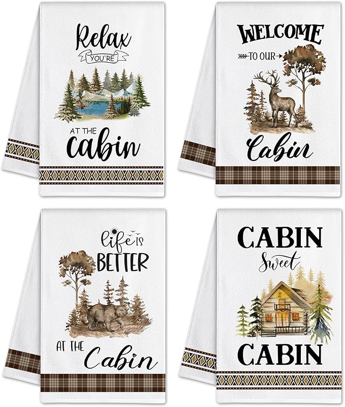 pinata Cabin Decor, Log Cabin Kitchen Towels Set of 4, Rustic Farmhouse Dishes Hand Towels for Home Kitchen Housewarming Gifts