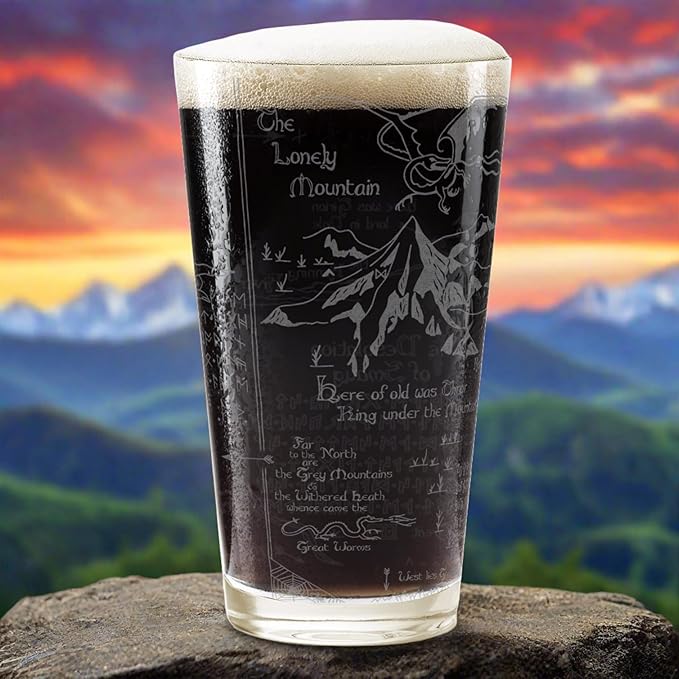 MAP OF EREBOR & THE LONELY MOUNTAIN Engraved 16oz Pint Glass | Inspired by Tolkien Power Ring and Middle Earth | Great Christmas Gift Idea | Unique Elvish Fantasy Wizard Fantasy Decor!