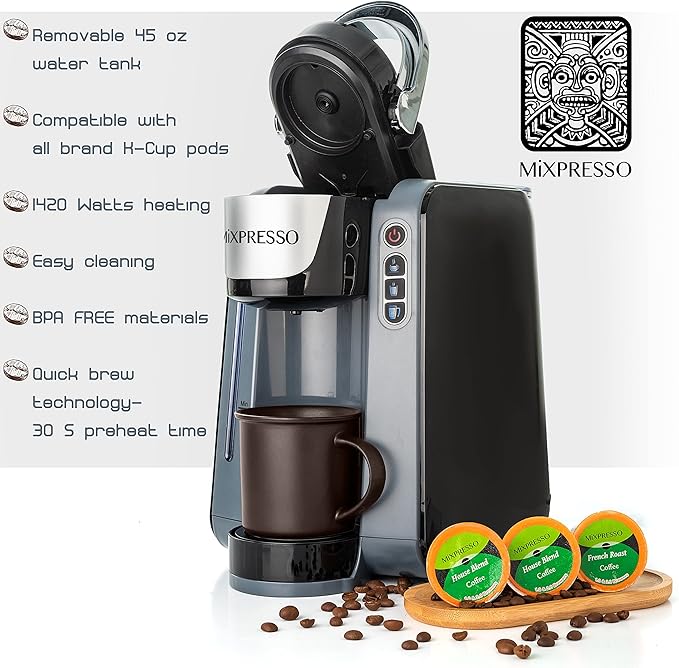 Mixpresso Single Serve Cup Coffee Maker With 4 Brew Sizes for 1.0 & 2.0 Cup Pods, Removable 45oz Water Tank, Quick Brewing with Auto Shut-Off, Rapid Brew Technology Gray Coffee Maker