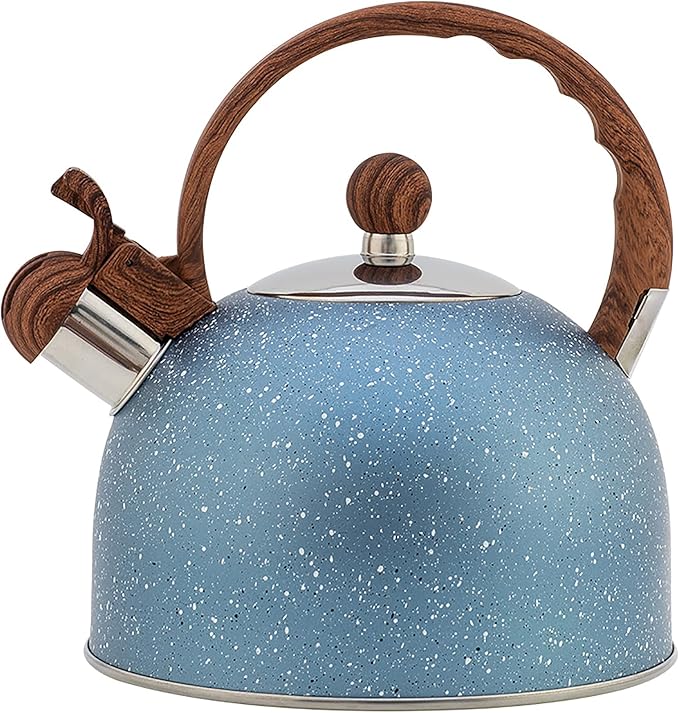 Vilihkc Whistling Stainless Steel Tea Kettle with Wood Grain Anti Heat Handle,2.6 Quart/2.5 Liter Stainless Steel Tea Kettles,Loud Whistling for Tea,Coffee,Gas Electric Applicable