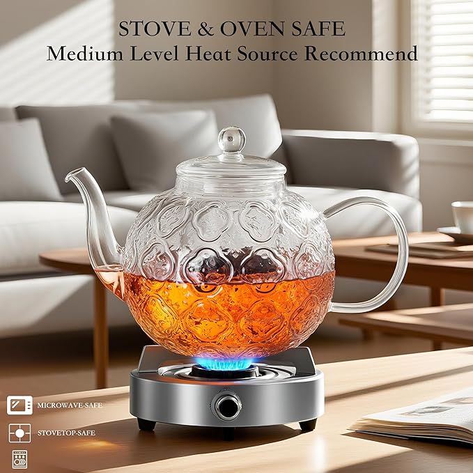 Glass Teapot with Removable Infuser-1500ml Clear GlassTea Pot for Stovetop, Borosilicate Microwave Safe Glass Tea Kettle and Tea Maker for Blooming & loose Tea