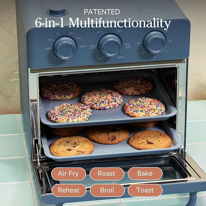 Our Place Wonder Oven & Essentials Kit | 6-in-1 Air Fryer Toaster Oven with Steam Infusion | Countertop Convection Oven Combo with Extra Bake Pan & Air Fryer Basket | Non-toxic, PFAS-Free | Blue Salt