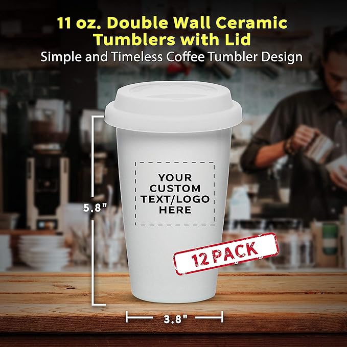 Personalized 11 oz. Double Wall Ceramic Tumblers with Lid - 12 Pack - Custom Text, Logo - White
