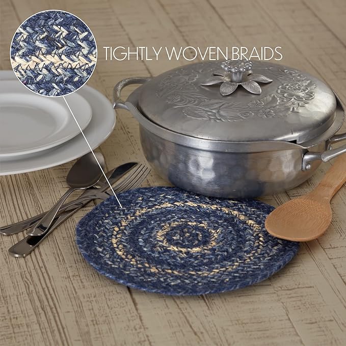 VHC Brands Great Falls Blue Trivet Hot Pad for Pots Pans, Blue White, Jute Blend, Round Circle, 8 Inches