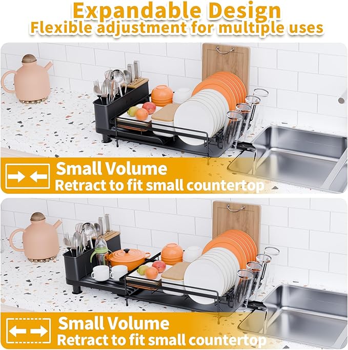Expandable Dish Drying Rack, Dish Drying Rack for Kitchen Counter with Removeable Cutlery Holder, Double Rustproof & Sturdy Auto-Drain Multifunctional Organizer for Plates, Cups, Knife Fork Storage