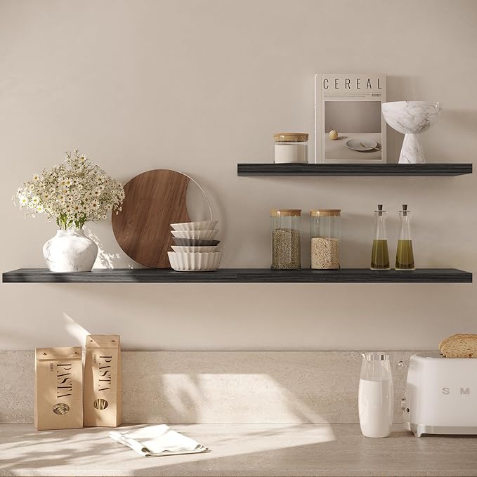 Wall Shelf Set of 3,Dark Wood Floating Shelves 24 in W x 10 in D x 1 in H, Wooden Floating Wall Shelf with Invisible Brackets for Living Room/Bedroom/Bathroom/Kitchen Storage and Decor
