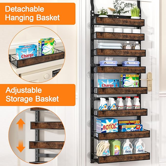 Over The Door Pantry Orangizer,8 Tier Wall Mounted Hanging Spice Rack with Adjustable Wood Basket,Metal Behind Door Storage Shelf for Kitchen Pantry and Bathroom